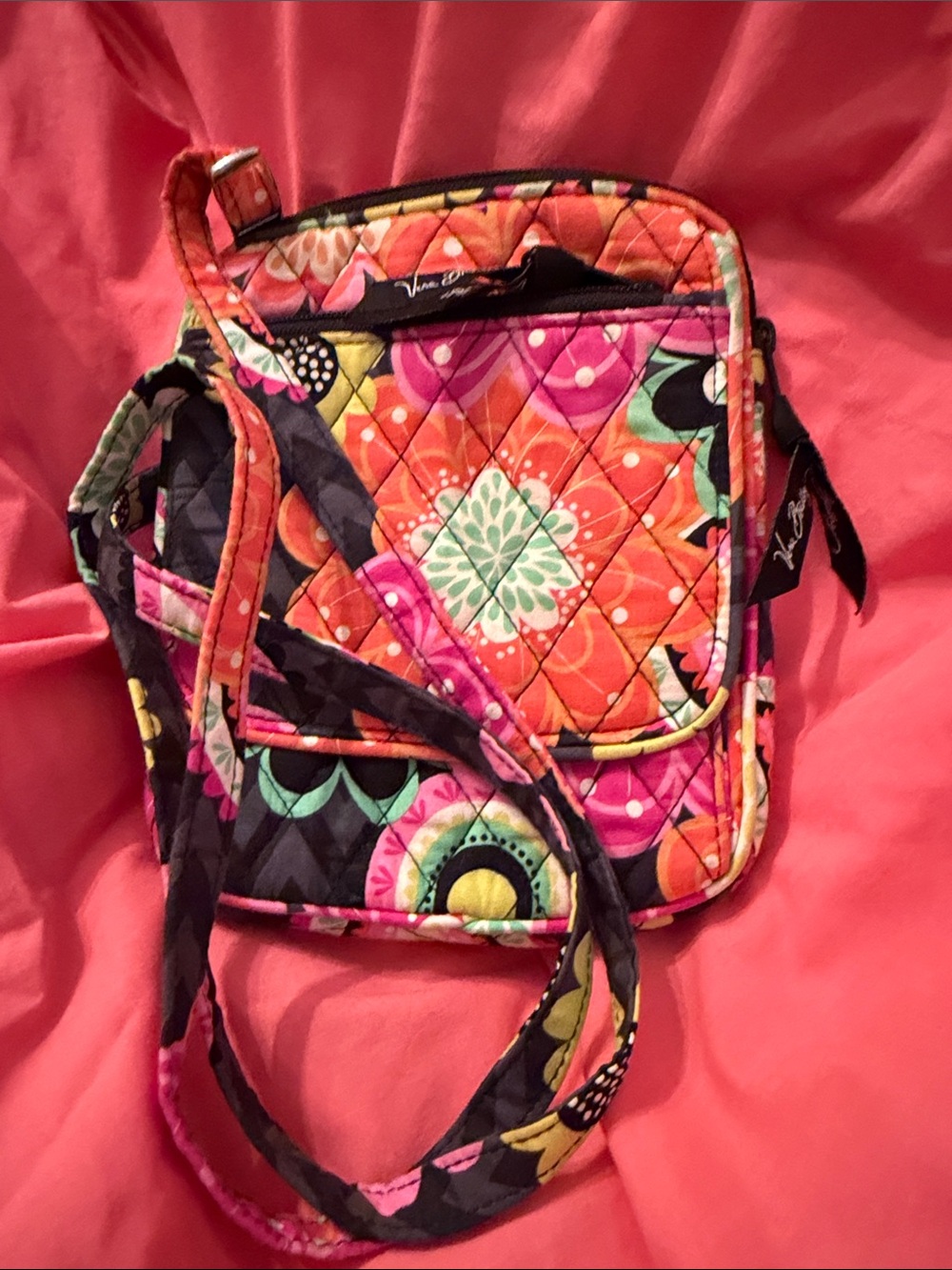 Vera Bradley Pink Orange Floral Quilted Crossbody with Black Accents
